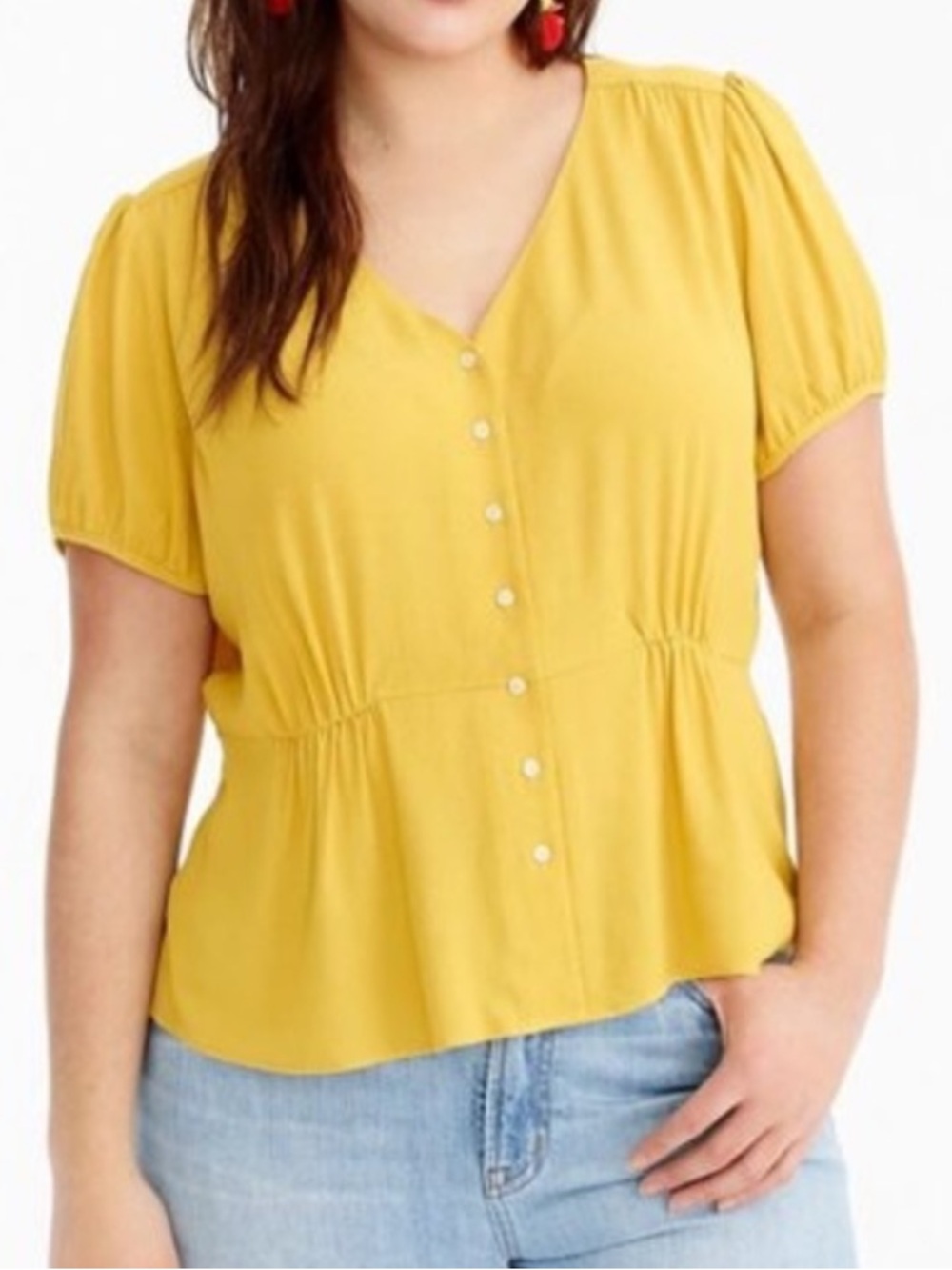 J. Crew Short-Sleeve Button-Front Peplum Top Blouse, Mustard Yellow – US 6